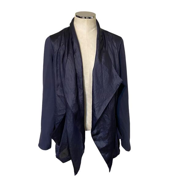 Vivienne Vivienne Tam Midnight Navy Blue Mix Media Satin Draped Waterfall Jacket - Picture 1 of 8